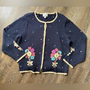 Christopher & Banks Flower Bouquet Button Cardigan, Navy woman’s XL